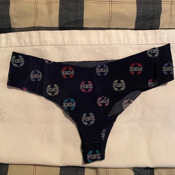 PINK VS Thong / String Panty Blue with PINK Emblems Medium NWT - Picture 2 of 6